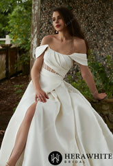 Herawhite - HW3311 Modern Off Shoulder Grace Slit And Strapless Mikado Wedding Dress